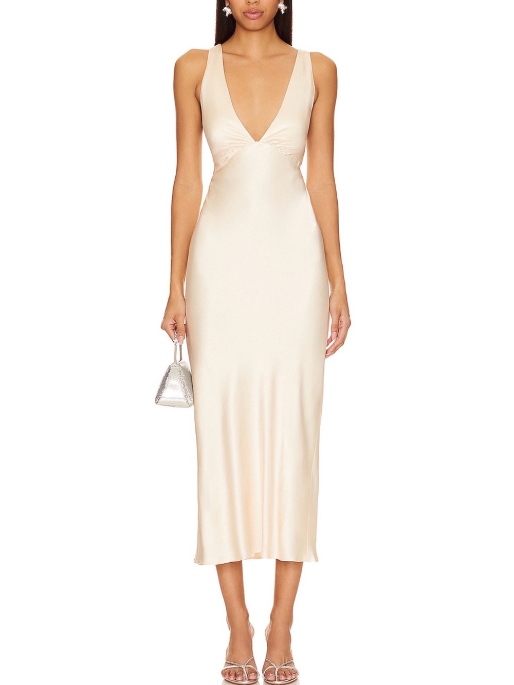 Shona Joy Champagne Satin Deep V Midi Dress